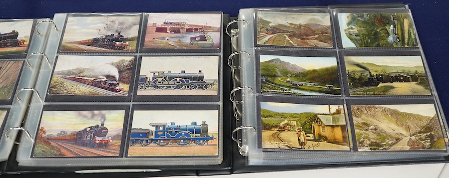 A collection of early 20th century railway related postcards, contained within two modern postcard albums, mainly pre-grouping railway companies including; the GWR, the LNWR, the Caledonian Railway, the Great North of Sc